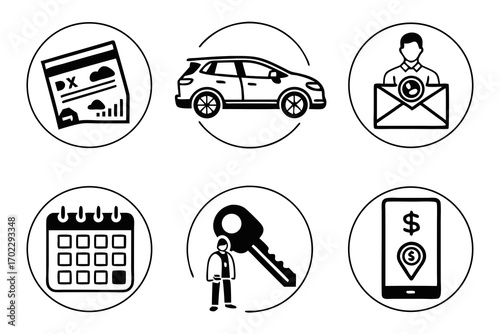 Set of six simple icons representing car services and transactions