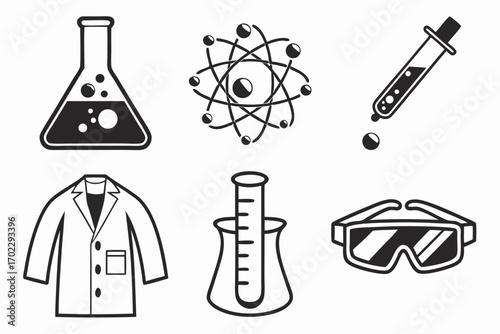 Collection of science and laboratory icons in black and white