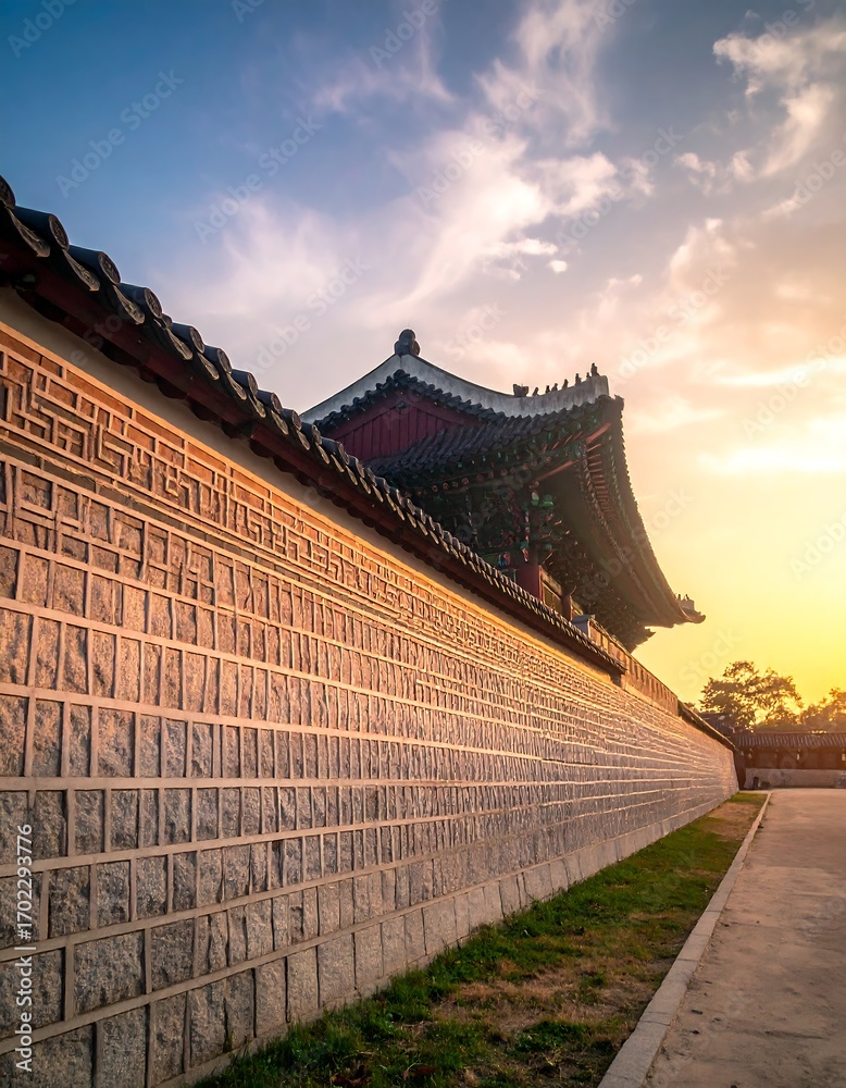 Naklejka premium Ancient Korean wall at sunset