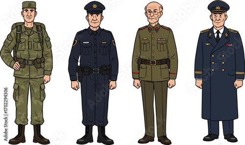Illustration of four men in different military and police uniforms, showcasing varied ranks and attire on a white background.