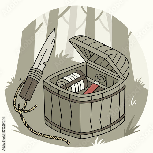 Vintage Wooden Box with Knife and Fishing Line in the Woods