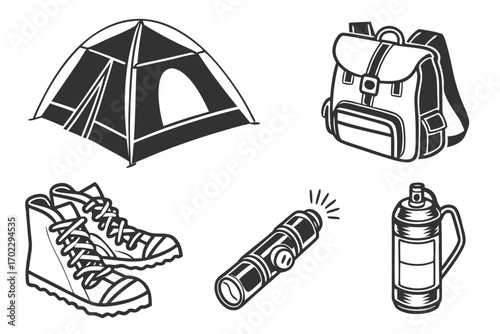 Camping and hiking gear icons for outdoor adventures