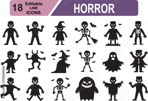 Horror icon set. Vector silhouettes of creepy monsters, scary ghosts, zombies, and spooky figures.