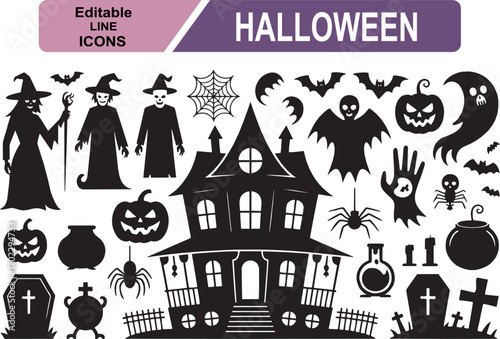 Halloween haunted house icon set. Vector silhouettes of pumpkins, bats, ghosts, spiders, candles, and scary elements