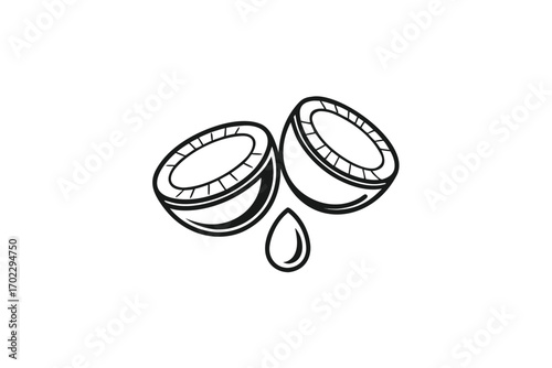 Two Coconut Halves with a Drop on a White Background
