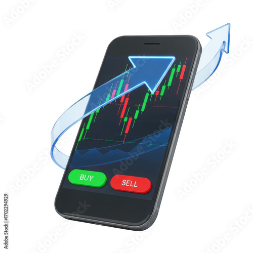 3d mobile phone trading chart with upward arrow isolated on transparent background