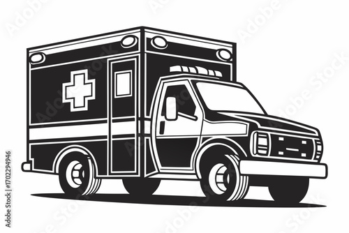 Black and white illustration of an ambulance with a medical cross