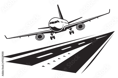 Airplane landing on a runway in a stylized black and white illustration
