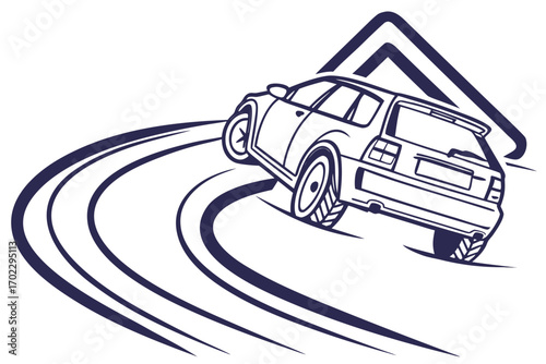 Car drifting on a race track with tire marks and abstract design