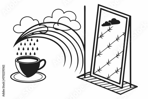 Cup of coffee with rainbow and rain reflected in a mirror