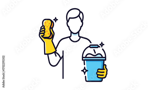 Person Cleaning with Sponge and Bucket in Bright Colors