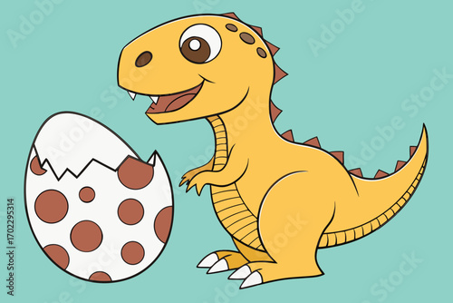 Cute cartoon dinosaur next to a cracked dinosaur egg