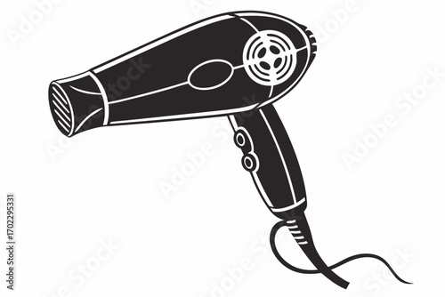 Black silhouette of a modern hair dryer on a white background