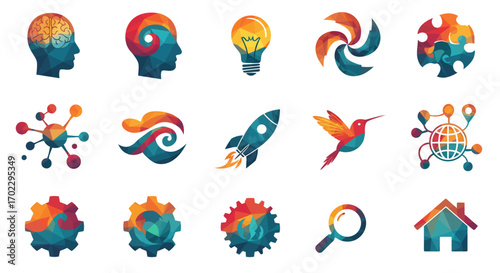 Collection of colorful abstract logos representing various concepts like technology, business, and innovation.