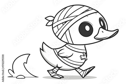 Cute cartoon duckling dressed as a mummy walking