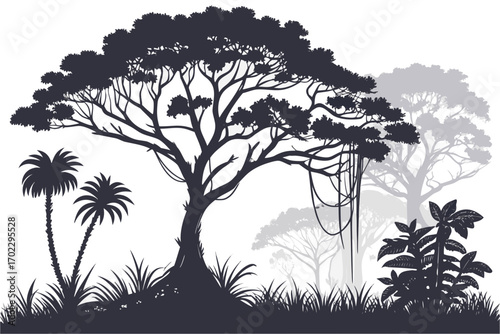 Silhouette of a lush jungle with diverse trees and foliage
