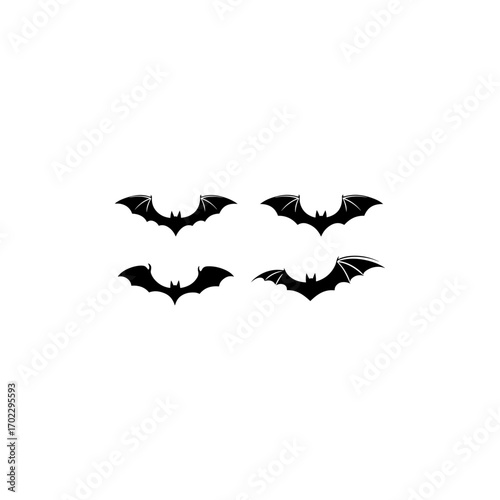 Halloween bat set in silhouette style. Hanging and flying cartoon bats with scary and cute elements.