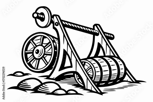 Vintage wooden winch and barrel on rocky ground illustration