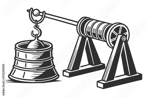 Vintage mechanical winch lifting a heavy weight with a hook