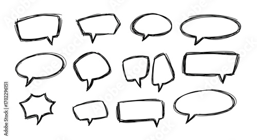Collection of hand-drawn speech bubbles in various shapes, perfect for comics and communication.