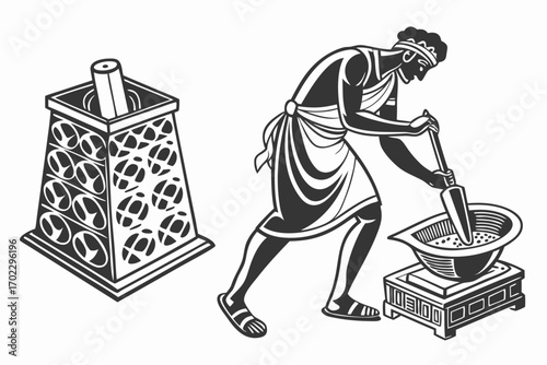 Ancient greek man grinding ingredients with a mortar and pestle next to a grater