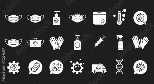 Collection of white icons related to health and medicine on a black background.