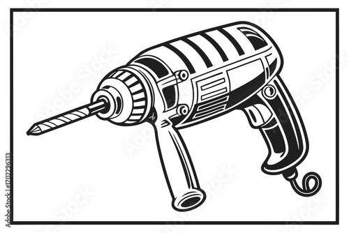 Black and white illustration of a power drill with a drill bit