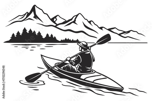 Kayaker paddles on a lake with mountains and pine trees in the background