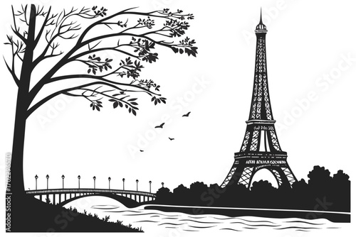 Parisian silhouette scene with eiffel tower and bridge