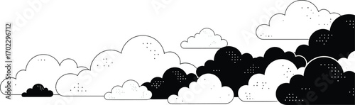 Monochrome illustration of clouds, depicting a weather pattern, with contrasting shades.