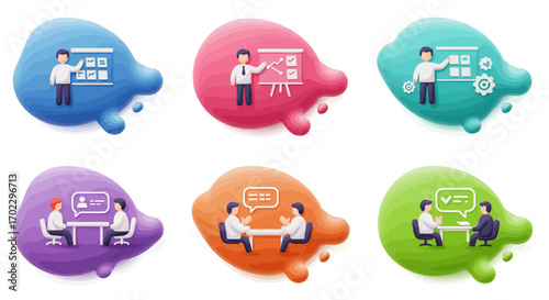 Six colorful illustrations depicting business presentations, interviews, and discussions, each in a unique blob shape.