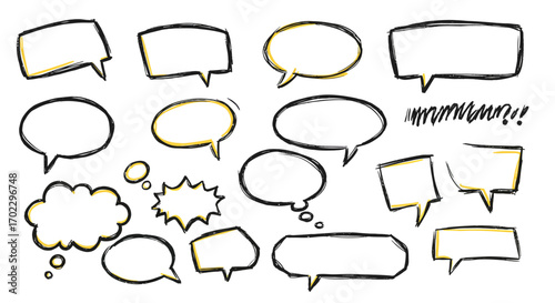 A collection of hand-drawn comic speech bubbles and thought clouds in a sketchy doodle style.