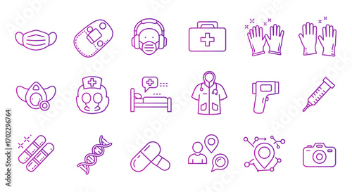 A collection of medical and healthcare-related icons, including masks, gloves, a first aid kit, a thermometer, and DNA.