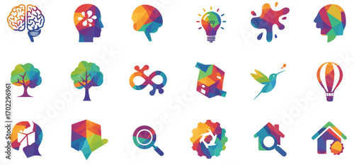 A collection of colorful, abstract, low-poly icons representing various concepts like ideas, nature, business, and creativity.