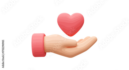 A 3D rendered cartoon hand with a pink cuff holding a floating pink heart on a white background, symbolizing love, care, and support.