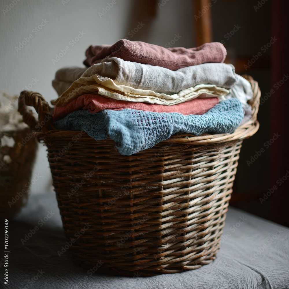 Obraz premium Woven basket filled with neatly folded colorful textiles and fabrics on a rustic table