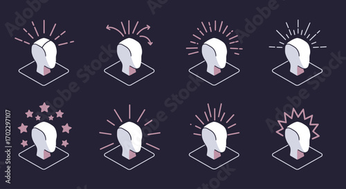 Isometric illustrations of heads with lightbulb ideas.