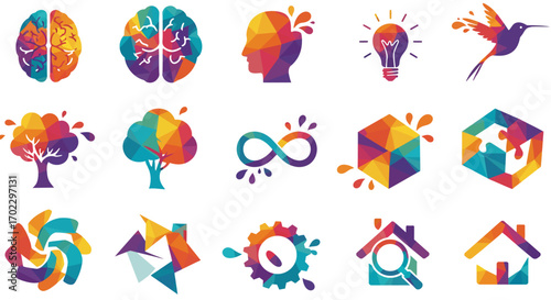 A vibrant collection of colorful, abstract, and geometric logo icons representing concepts like creativity, innovation, and ideas.