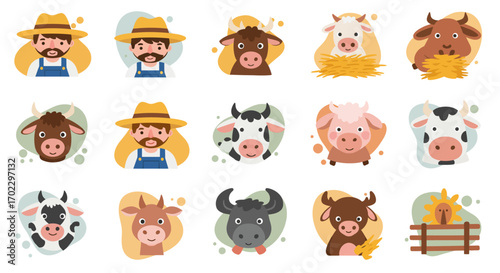 A collection of cute cartoon farm animals and a farmer, featuring cows, bulls, pigs, and a farmer with a straw hat and overalls.