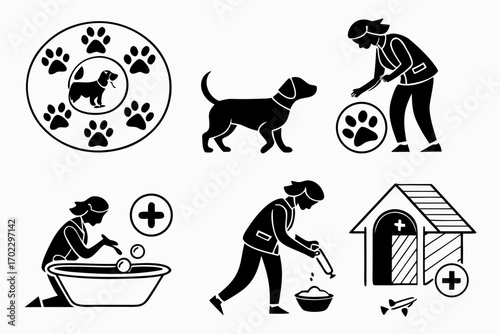 Dog care and grooming icons with veterinarian symbols