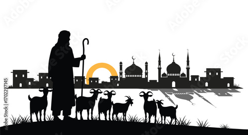 Vector art of shepherd with goats and mosque cityscape at sunset