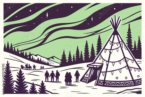 People gather near a teepee under the aurora borealis in a snowy landscape