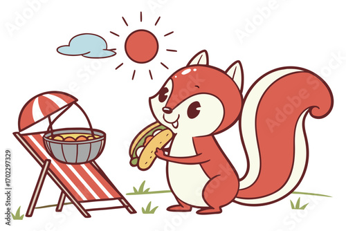 Cute cartoon squirrel enjoying a hot dog on a sunny day