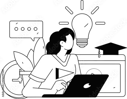 Dynamic student gains knowledge and inspiration using laptop for online learning, brainstorming new ideas with bright lightbulb overhead, symbolizing innovation and educational success.