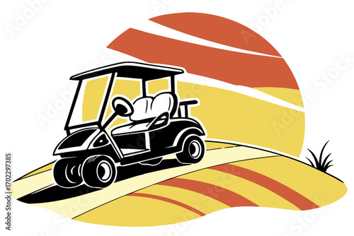 Stylized golf cart driving on rolling hills at sunset