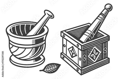 Two antique mortars and pestles with a leaf illustration