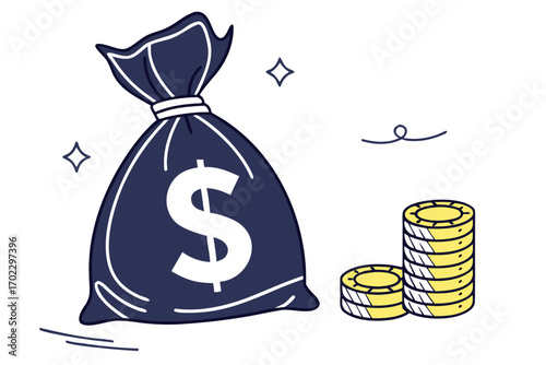 Cartoon bag of money with dollar sign and stack of coins