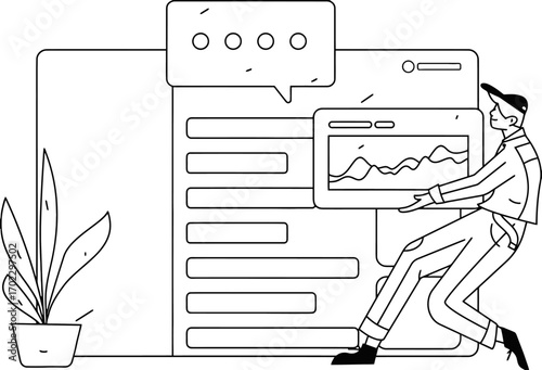 Dynamic businessman analyzing growth charts on digital interface for modern business strategy and data-driven decision making in a vibrant online workspace concept