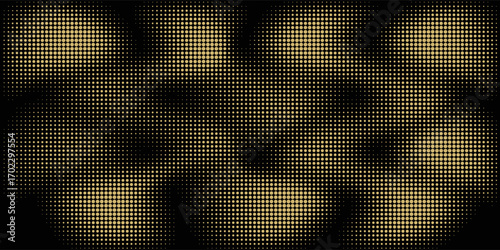 Abstract luxury banner with golden glittering dots on black background. Sparkling glitter bottom border, vector frame. Halftone effect. Magical gold dust. Pop art style backdrop.