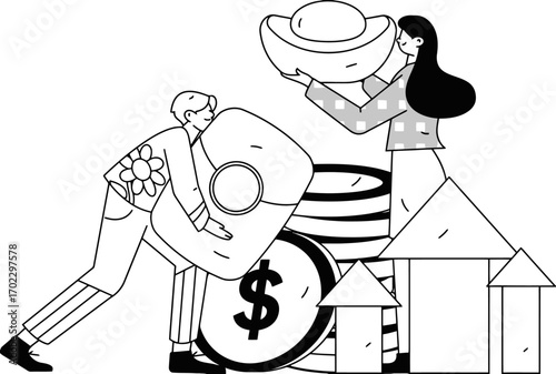 Joyful business partners collaborating to build wealth with coins and growth arrows, celebrating financial success together in a modern, abstract style